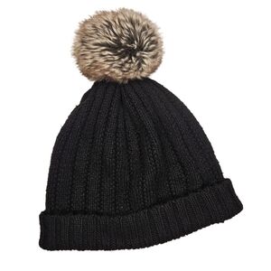 Love & Lore Black Knit Beanie Faux Fur Pom Pom Winter Hat Cozy Minimalist